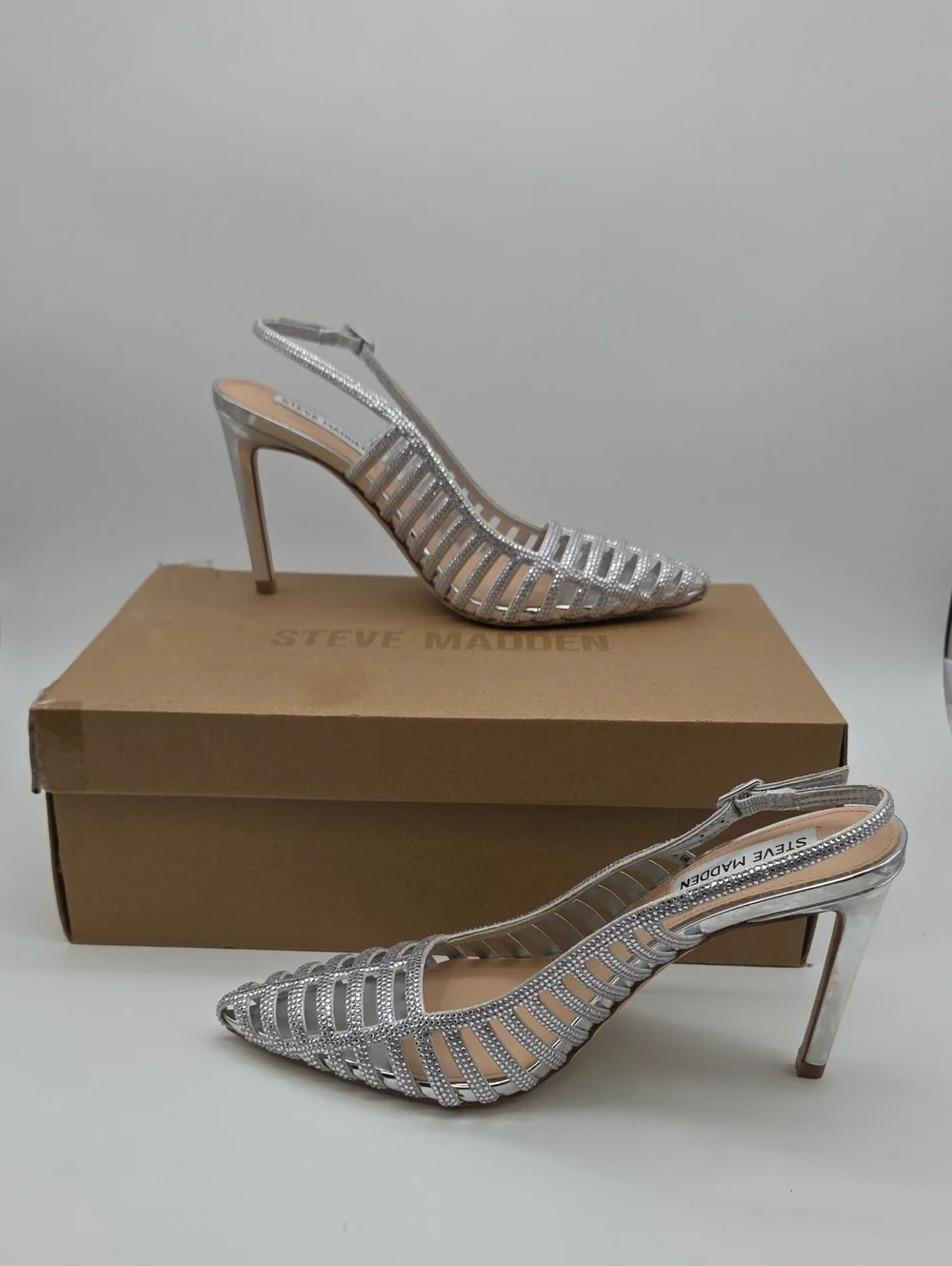 Steve Madden Silver Crystal-Strap Pointed Slingback Heels